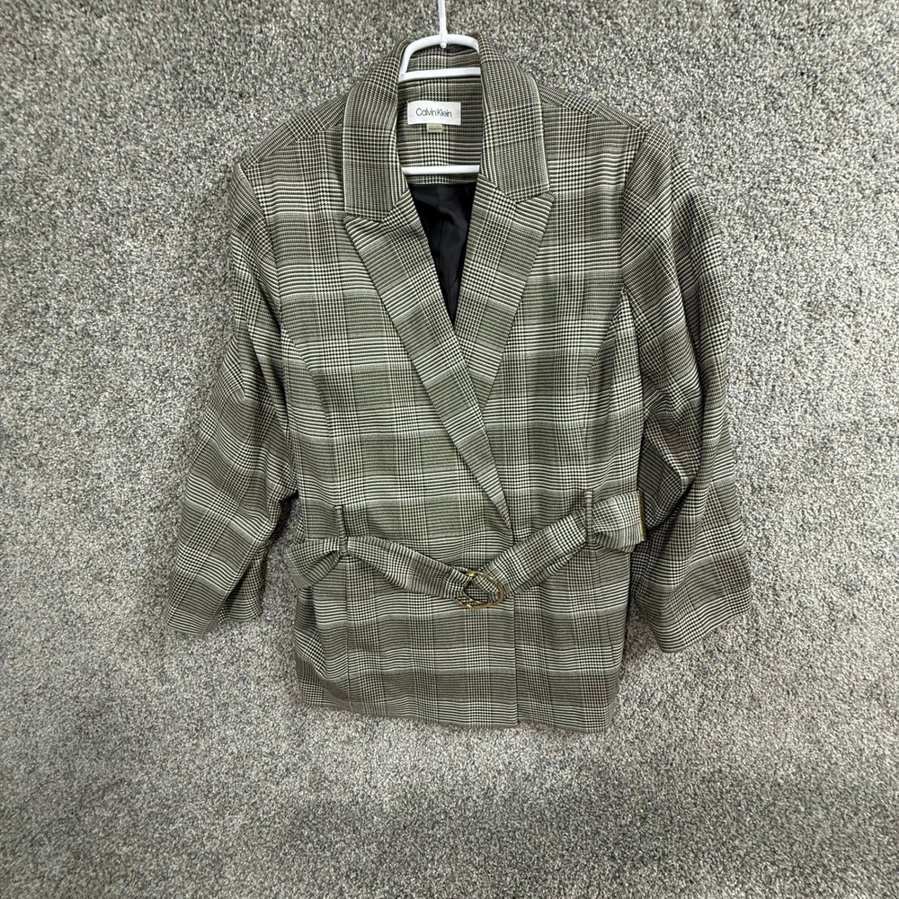 Calvin Klein Womens Glen Plaid Belted Blazer Grey Brown Plus Size 24W